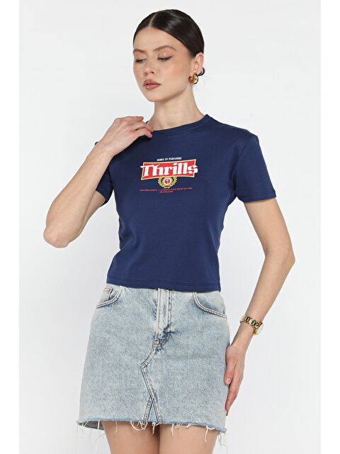 Gülseli Bisiklet Yaka Baskılı Kadın Tişört - S000373143-21164