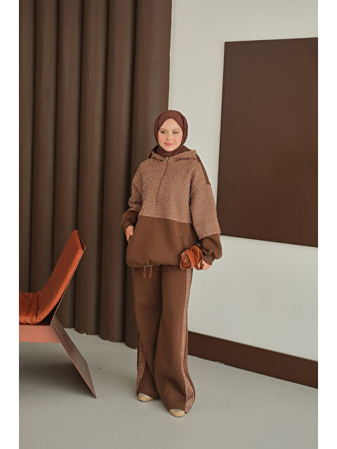 Locco Moda Kadın Sweatı Pullu Takım Kahverengi - S000486297-19413