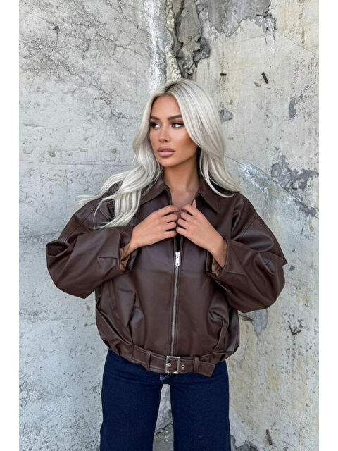 Hazelin Kadın Kahverengi Fermuar Kapamalı Oversize Suni Deri Ceket HZL25W-BD110561