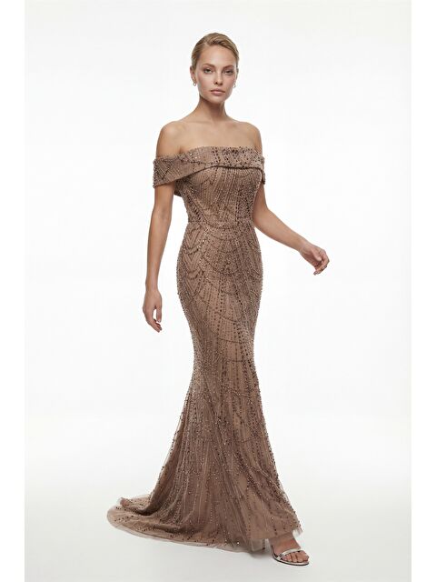 Lafaba Kadın Vizon Kayık Yaka Boncuklu Uzun Abiye Elbise - S000508257-26429