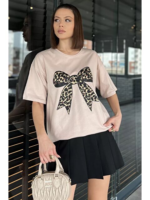 Gülseli Leopar Desen Kurdele Baskılı Bisiklet Yaka Kadın Tişört - S000365038-25636