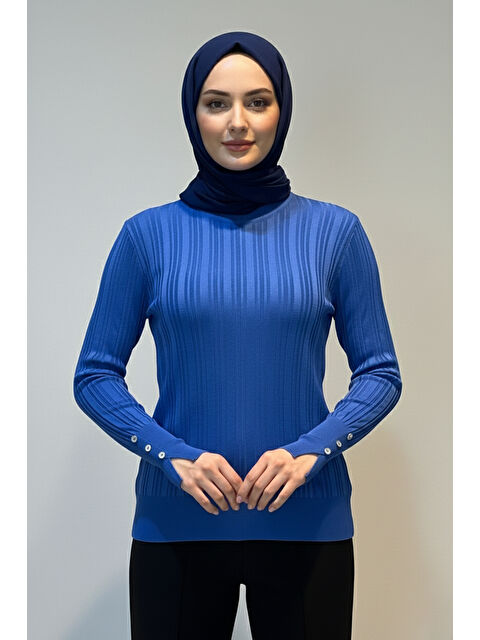 Remsa Kol Bilek Düğme Detaylı Triko Uzun Kol Kazak 34032 Saks - S000492692-23710