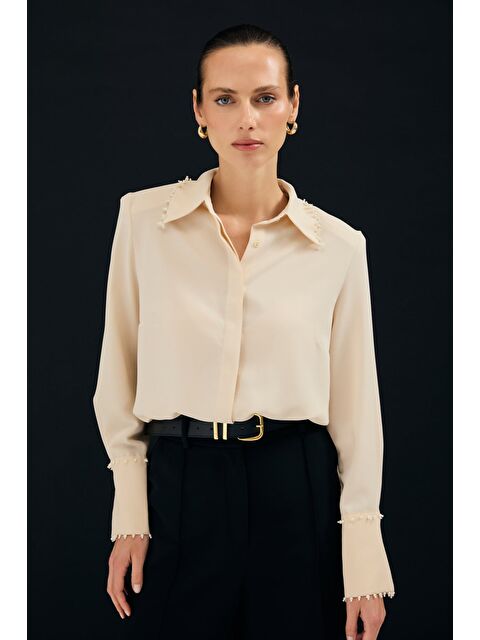 SATEEN İşlemeli Gömlek - Bej