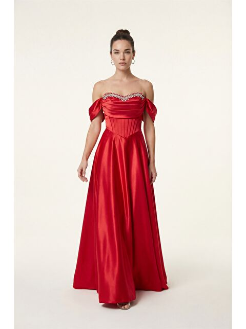 Lafaba Kadın Kırmızı Kayık Yaka Taşlı Uzun Söz Nişan Nikah Abiye Elbise - S000508263-20045
