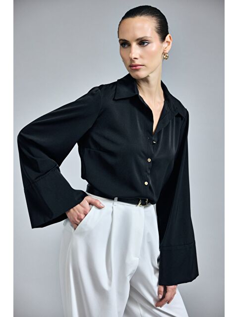 SATEEN İspanyol Kol Gömlek - Siyah