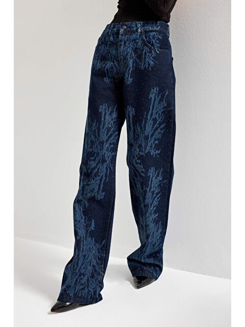 It's Basic Kadın Koyu Jean Rengi 9s6-5 Loose Fit Parlak Taşlı Özel Tasarım Denim Jean - S000486300-17234