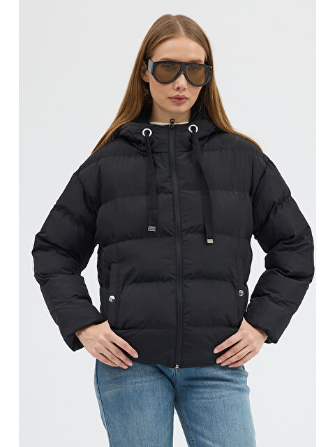 TONNY BLACK Kadın Siyah Çift Cepli Fermuarlı Su İtici Kumaş Normal Kesim Dolumlu Şişme Mont - S000492670-19351