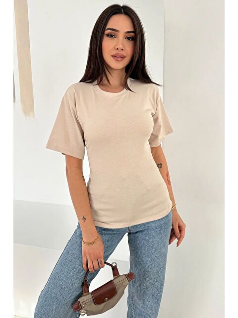 carla10 Bağlama Detaylı Kısa Kollu Tişört Bej