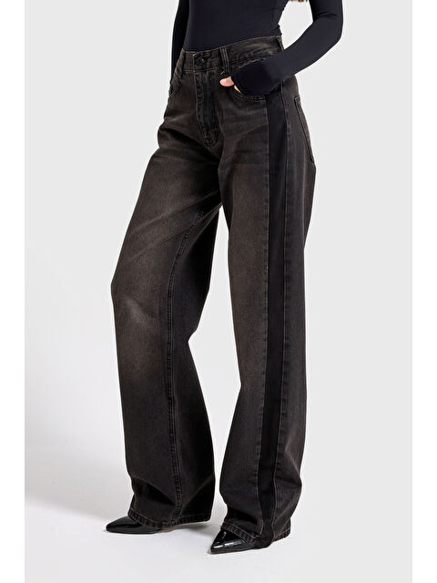 It's Basic Kadın Füme Renk 2w5-62 Loose Fit Yan Süet Detaylı Özel Tasarım Denim Jean - S000486302-33408