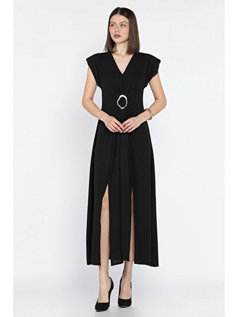 Gülseli V Yaka Vatkalı Toka Detaylı Kadın Elbise - S000373196-19351