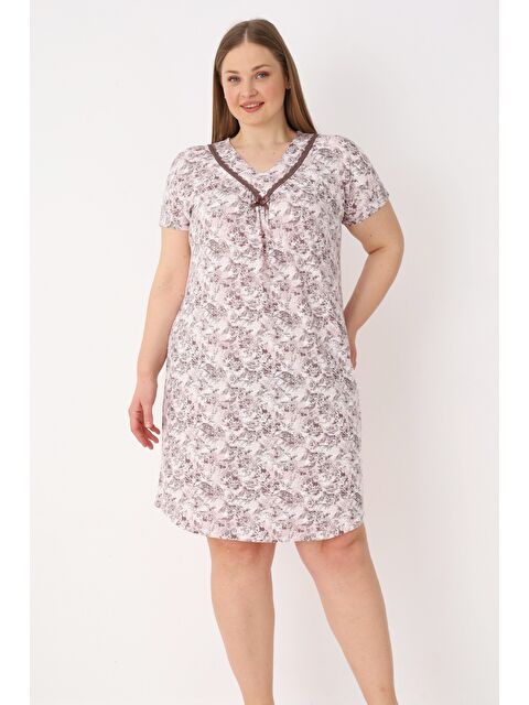 Intensive Desenli Dantel Detaylı Elastanlı Kısa Kollu V Yaka Kadın Büyük Beden Gecelik - S000527029-20020
