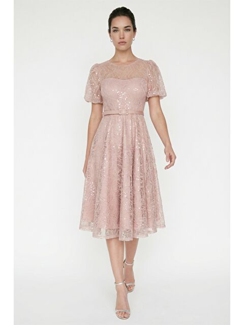 Lafaba Kadın Pudra Balon Kol Kemerli Söz Nişan Nikah Abiye Elbise - S000508259-7152