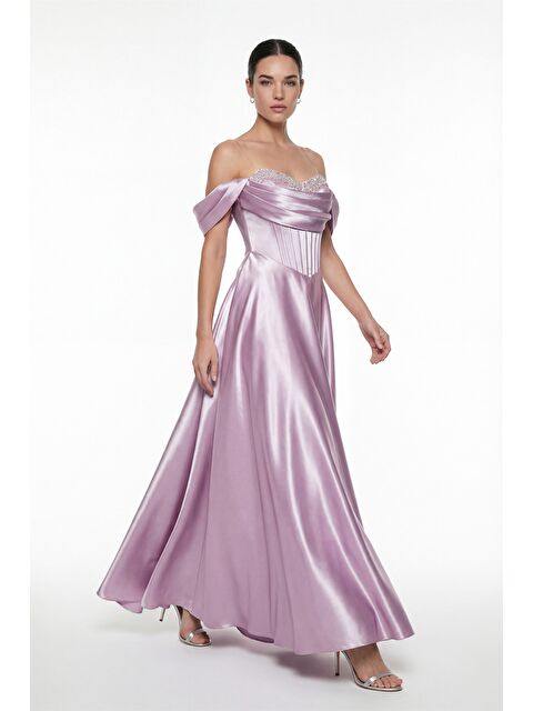 Lafaba Kadın Pudra Kayık Yaka Taşlı Uzun Söz Nişan Nikah Abiye Elbise - S000508263-7152