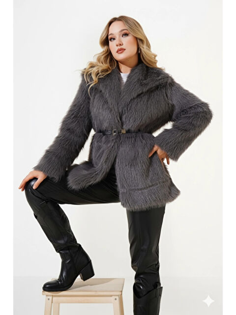Hazelin Kadın Gri Kemer Detaylı Astarlı Pelüş Kürk Mont HZL25W-BD191561 - S000498996-20600