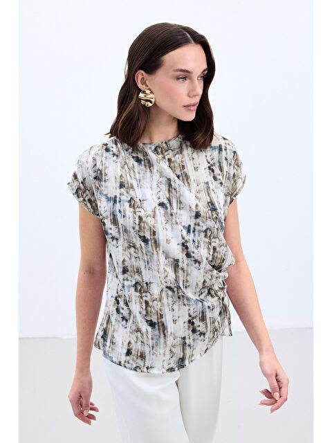 SATEEN Pileli Kolsuz Bluz - İndigo - S000505841-23093