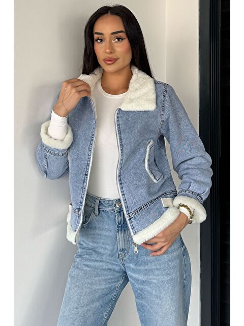 Gülseli Kadın Kemer Detaylı Çift Cepli İçi Kürklü Jean Jean Ceket - S000470114-17234