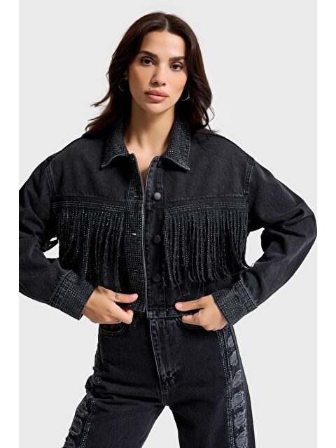 It's Basic Kadın Füme Renk T-1w5-1 Crop Fit Düğmeli Özel Tasarım Denim Ceket - S000486308-33408