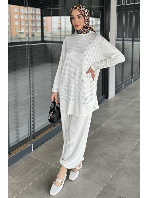 Julude Taş İşlemeli Bisiklet Yaka Tunik Pantolon Tesettür İkili Takım - S000374903-20063