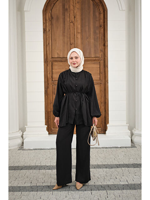 Locco Moda Kadın Çoban Düğmeli Pantolonlu Pilise Detay Takım Siyah