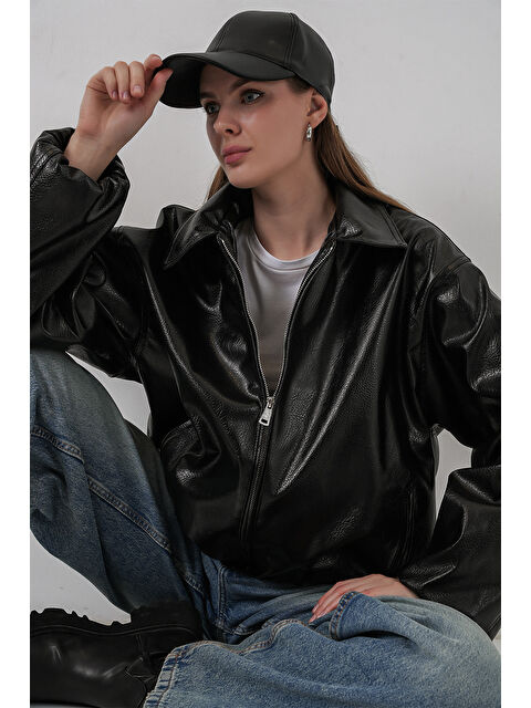 Bigdart Kadın Oversize Suni Deri Ceket 1049 - Siyah - S000469237-19351