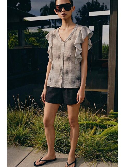 SATEEN Fırfır Detaylı Gömlek - Gri