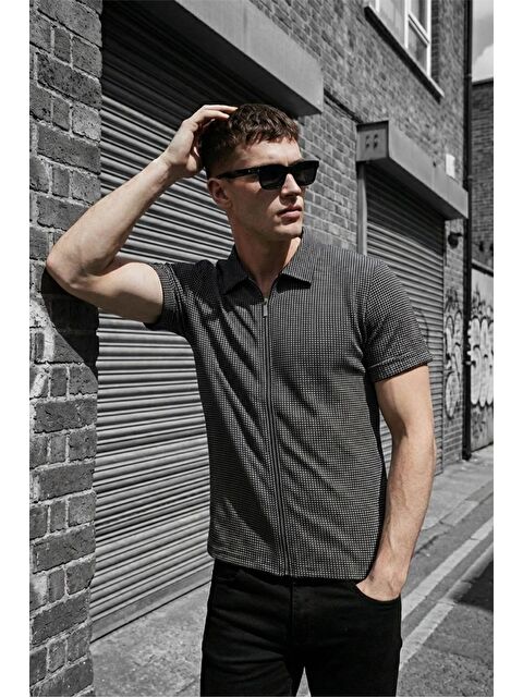 Oksit Qui Fermuar Detaylı Kısa Kollu Dokulu Örme Gömlek Ceket (Polo Yaka) - S000516565-33408