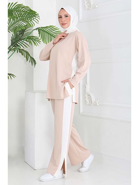 Tofisa Garnili Yırtmaçlı Modal İkili Takım Krem - 28012-KREM - S000474650-19966