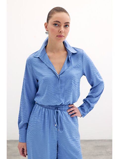 SATEEN Desenli Düz Klasik Gömlek - İndigo - S000323556-23093