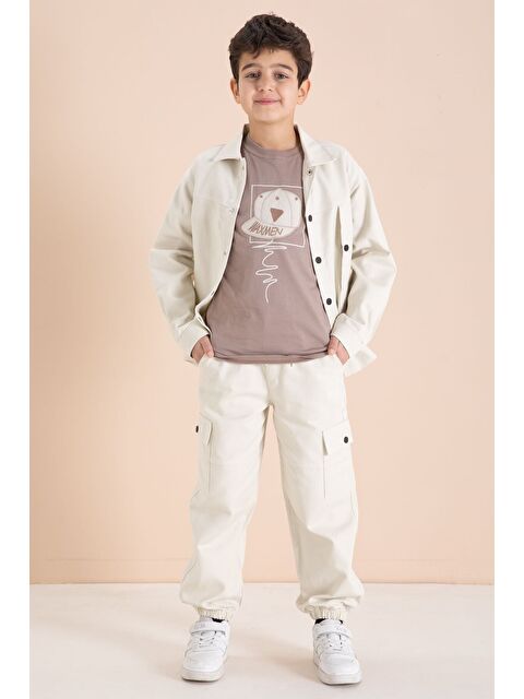 Cansın Mini Krem Kargo Cepli Jean Ceketli ve Pantolonlu Erkek Çocuk Tişörtlü 3lü Takım 23537 - S000506358-19966