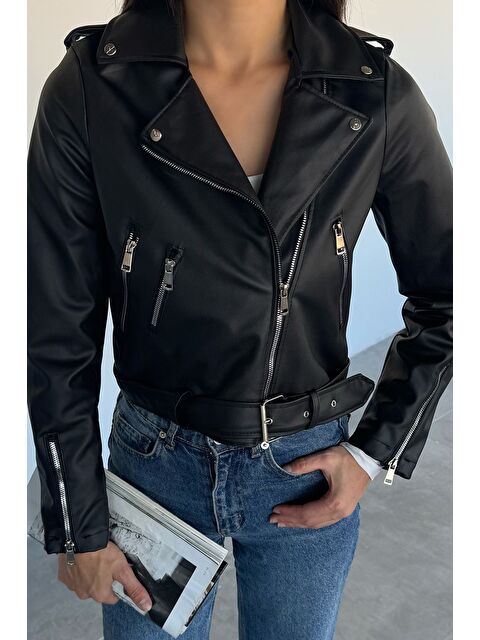 Gülseli Kadın İç Astarlı Fermuarlı Kemer Detaylı Suni Deri Ceket - S000470118-19351