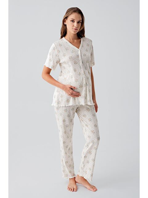 Artış Kısa Kollu Düğmeli Çiçek Desenli Ajurlu %100 Pamuk Hamile Pijama Takım 19203 - S000518797-10231