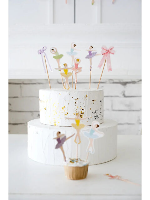 Le Mabelle Çok Renkli  Balerin ve Fiyonk Figürlü 7'li Uzun Kürdan Pasta Süsü - S000487528-23173