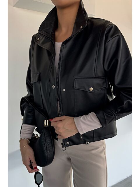 Gülseli Kadın İç Astarlı Çift Cepli Çıtçıtlı Ve Fermuarlı Suni Deri Ceket - S000470119-19351