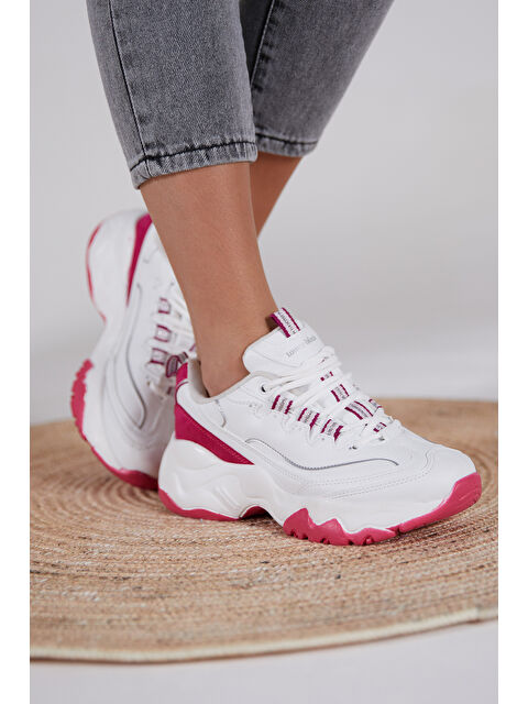 TONNY BLACK Kadın Beyaz Fuşya Rahat Kalıp Yüksek Taban Bağcıklı Spor Ayakkabı - S000053857-37226