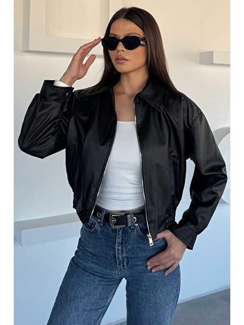 Gülseli Kadın Bel Lastikli İç Astarlı Fermuarlı Suni Deri Ceket - S000470120-19351