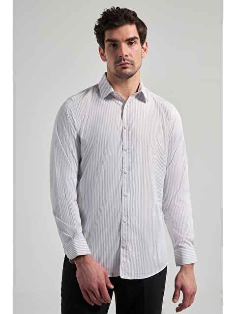 İMZA Beyaz Uzun Kol Desen Yarım İtalyan Yaka Cepsiz Esnek Classic Slim Fit Gömlek 1004245220 - S000357347-17219
