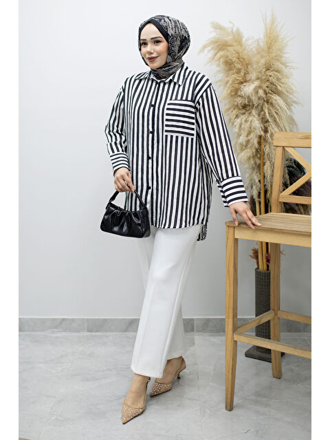 Tesettür Dünyası Çizgili Cepli Gömlek TSD260174 Siyah