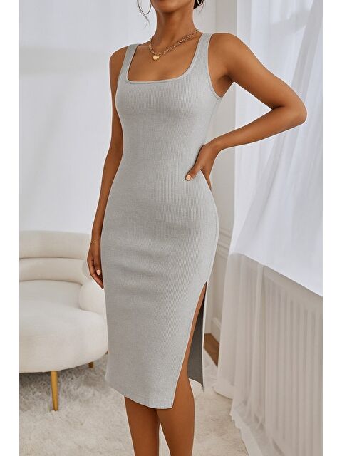 Jane's Kadın Askılı Kare Yaka Yandan Yırtmaçlı Midi Kaşkorse Elbise - S000528080-20600