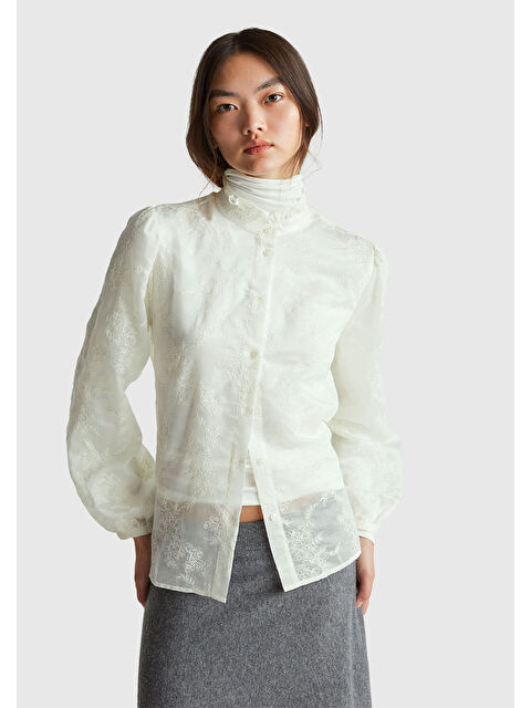 United Colors Of Benetton Kadın Ekru Liyosel ve Pamuk Karışımlı Düğmeli Kolu Lastikli Gömlek - S000482000-19965