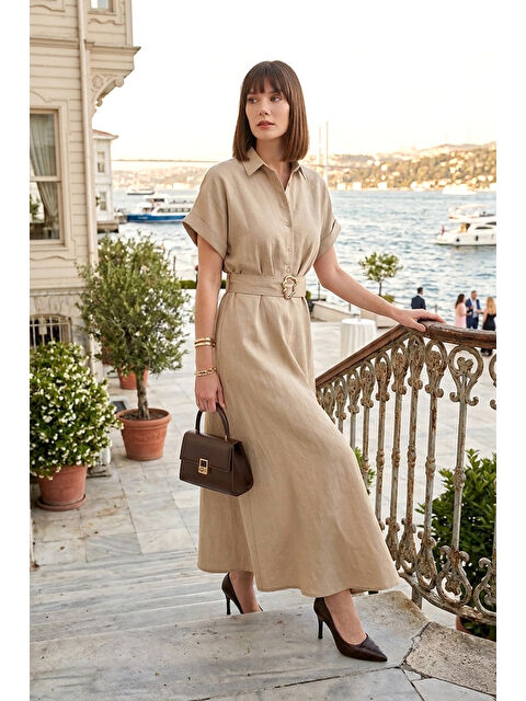 Lela Gömlek Yaka Kemerli Maxi Boy Elbise 6922376