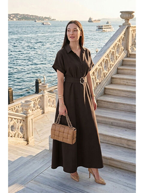 Lela Gömlek Yaka Kemerli Maxi Boy Elbise 6922376