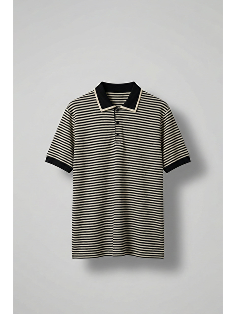 Abluka Online Erkek Regular Fit Çizgili Polo Yaka Örme T-Shirt Siyah - S000514056-19351