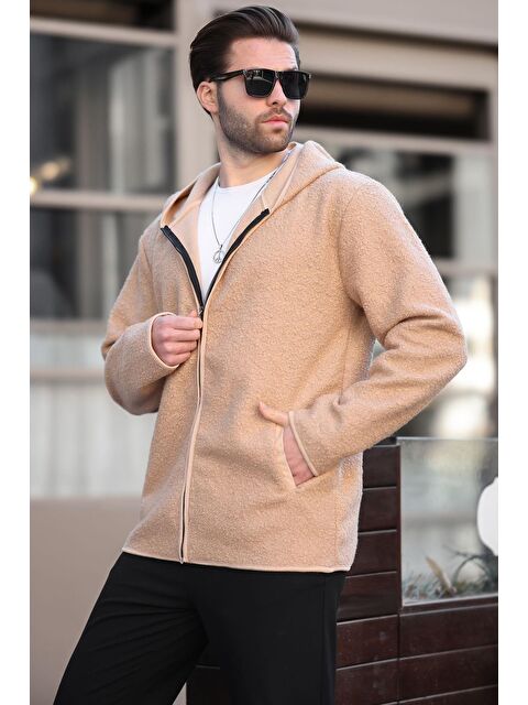 Madmext Bej Fermuarlı Pelüş Erkek Hırka E7080 - S000440196-19928