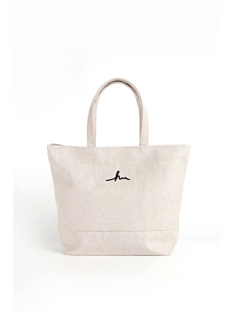 Haşema İmza Detaylı Nakışlı Fermuarlı Keten Plaj Çantası Ekru Renk 35
