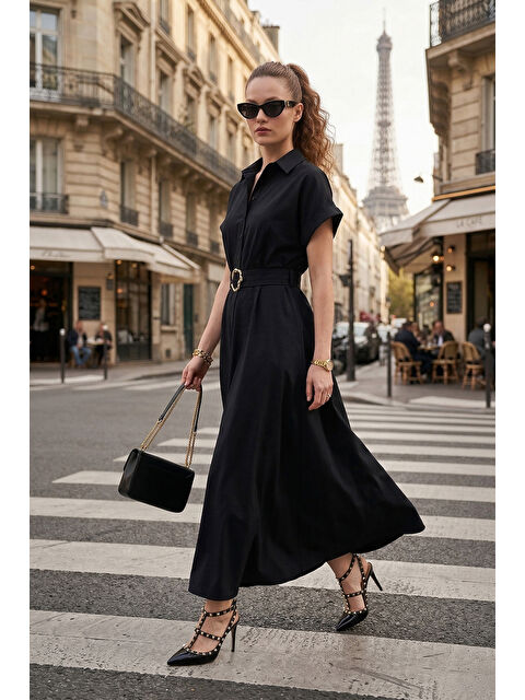 Lela Gömlek Yaka Kemerli Maxi Boy Elbise 6922376