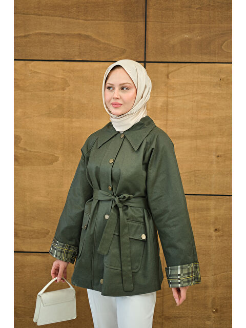 Locco Moda Kadın Bilekleri Ekose Görünümlü Trenç Yeşil - S000494482-18194