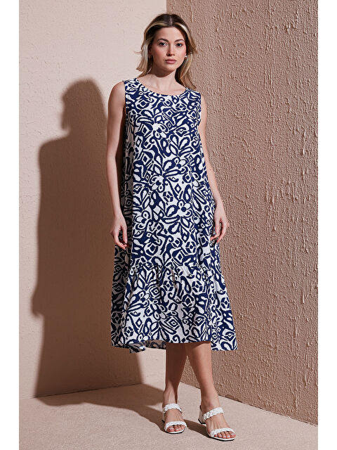 Fashion Friends Desenli Rahat Kalıp Bisiklet Yaka Midi Elbise 26Y0458K1