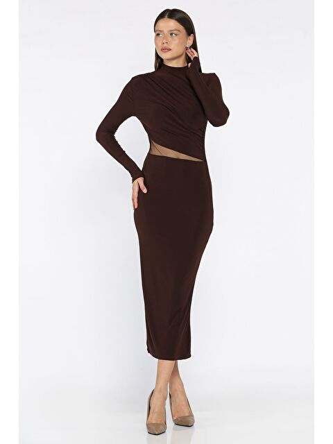 Gülseli Kadın Omuz Ve Bel Drapeli Tül Detaylı Elastanlı Elbise - S000445246-19413