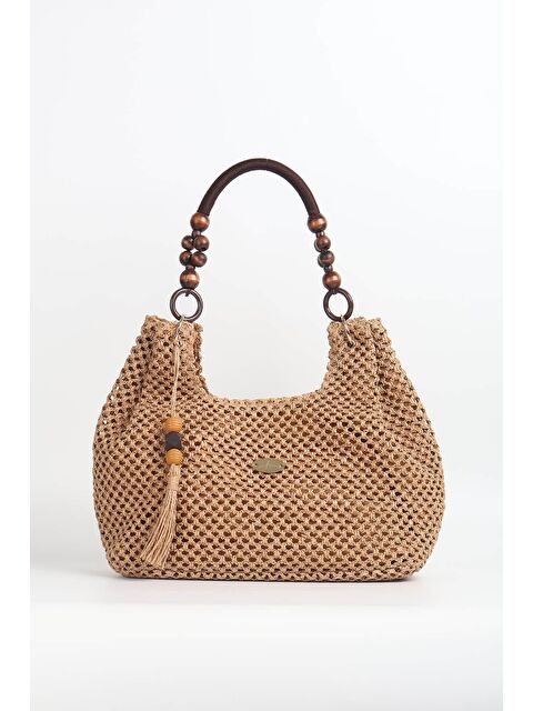 Haşema Ahşap Boncuk Detaylı Camel Renk Hasır Örme Plaj Çantası 1120