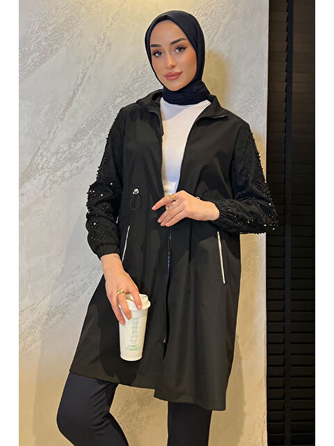 Julude Kadın İnci Ve Taş İşlemeli Bel Büzgülü Tesettür Trençkot - S000361270-19351